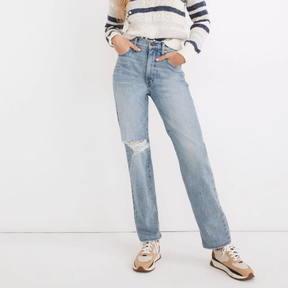 Madewell The Perfect Vintage Medium Wash Factory Distressed Raw Hem Straight Jea